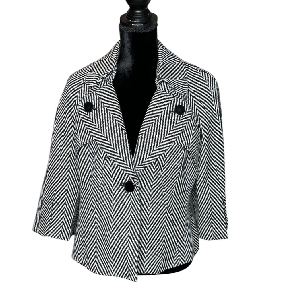 Nine West Suit Black White Herringbone Jacket Blazer Long Sleeves Notch Collar